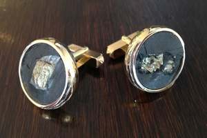 Bespoke 18ct gold cufflinks with inset pyrite slate, handmade by Charmian Beaton design