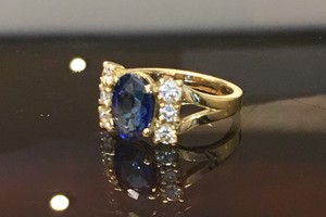 handmade 18ct yellow gold, sapphire and diamond ring by charmian beaton design for trade client