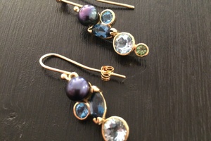 Pearl and gem set 18ct gold earrings bespoke commission handmade by Charmian Beaton Design